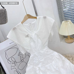 Đầm trắng gấm hoa nổi cổ thuỷ thủ đính đá nơ - VD5913