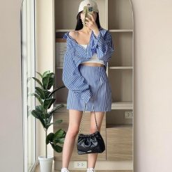Sét sơ mi kẻ sọc xanh + crop 2 dây trắng + chân váy - VD5914