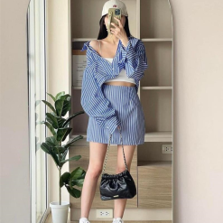 Sét sơ mi kẻ sọc xanh + crop 2 dây trắng + chân váy - VD5914
