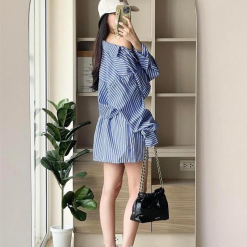 Sét sơ mi kẻ sọc xanh + crop 2 dây trắng + chân váy - VD5914