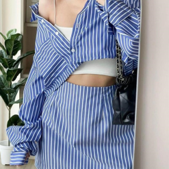 Sét sơ mi kẻ sọc xanh + crop 2 dây trắng + chân váy - VD5914