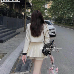 Sét crop dạ túi nắp viền thắt nơ cổ + chân váy xếp ly kèm nịt - VD5915