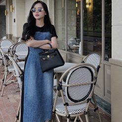 Đầm midi jean phối cổ thun đen - VD5923