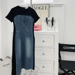 Đầm midi jean phối cổ thun đen - VD5923