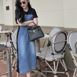 Đầm midi jean phối cổ thun đen - VD5923