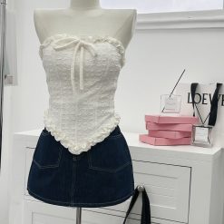 Sét ống trắng ren hoa viền bèo thắt nơ + chân váy jean - VD5924