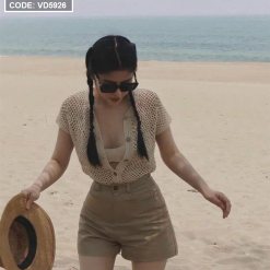 Sét khoác trắng TN kèm crop 2 dây trắng + short nude - VD5926