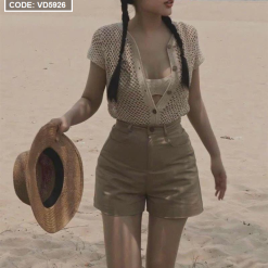 Sét khoác trắng TN kèm crop 2 dây trắng + short nude - VD5926