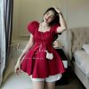 Sét áo peplum đỏ cổ vuông tay phồng + chân váy trắng - VD5928