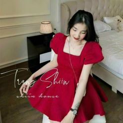 Sét áo peplum đỏ cổ vuông tay phồng + chân váy trắng - VD5928