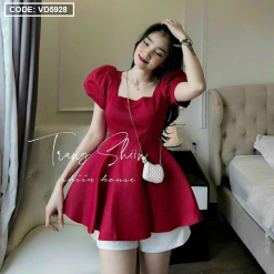 Sét áo peplum đỏ cổ vuông tay phồng + chân váy trắng - VD5928