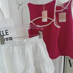 Sét áo hồng ba lỗ cutout lưng + chân váy trắng - VD5929