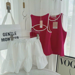 Sét áo hồng ba lỗ cutout lưng + chân váy trắng - VD5929