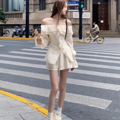 Sét áo trễ vai bèo tay bochun + short - VD5930