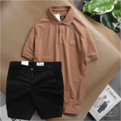 Set Bộ Nam Quần Short Kaki Phối Áo Cổ Bẻ Thêu Chữ Cao Cấp - SBN061