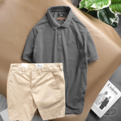 Set Bộ Nam Quần Short Kaki Phối Áo Cổ Bẻ Thêu Chữ Cao Cấp - SBN061