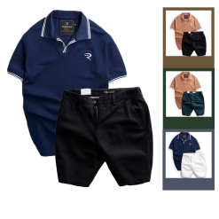 Set Bộ Nam Quần Short Kaki Phối Áo Thun Cá Sấu Cổ Bẻ Viền Bo Ngực Thêu Logo Chữ R - SBN063