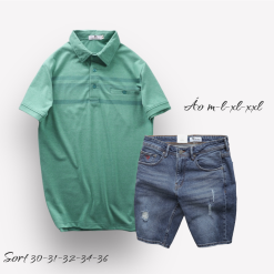 Set Bộ Nam Quần Short Jeans Phối Áo Thun Cotton Tay Ngắn Cổ Bẻ Có Túi - SBN076