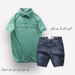 Set Bộ Nam Quần Short Jeans Phối Áo Thun Cotton Tay Ngắn Cổ Bẻ Có Túi - SBN076
