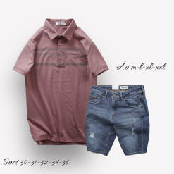 Set Bộ Nam Quần Short Jeans Phối Áo Thun Cotton Tay Ngắn Cổ Bẻ Có Túi - SBN076