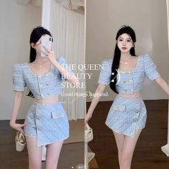 Sét dạ xanh chân váy lệch + áo crt 2 hàng nút đồng chạy dây tít - VD6019