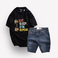 Set Bộ Nam Quần Short Jeans Phối Áo Thun Cổ Tròn In Chữ Big size - SBN077