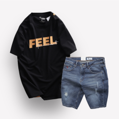 Set Bộ Nam Quần Short Jeans Phối Áo Thun Cổ Tròn In Chữ Big size - SBN077