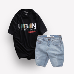 Set Bộ Nam Quần Short Jeans Phối Áo Thun Cổ Tròn In Chữ Big size - SBN077