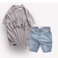 Set Bộ Nam Quần Short Jeans Phối Áo Thun Nam Cổ Tròn Big Size - SBN079
