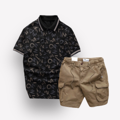 Set Bộ Nam Quần Short Kaki Túi Hộp Dây Rút Phối Áo Thun Nam Cổ Bẻ In Chữ MXO - SBN083