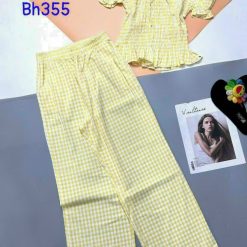 Đồ bộ quần dài áo tay ngắn phồng cổ vuông caro - DBO3299