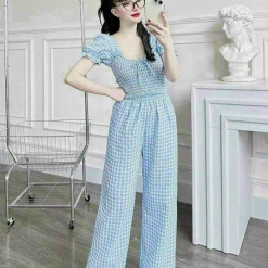 Đồ bộ quần dài áo tay ngắn phồng cổ vuông caro - DBO3299