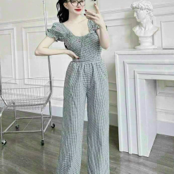 Đồ bộ quần dài áo tay ngắn phồng cổ vuông caro - DBO3299