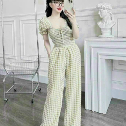 Đồ bộ quần dài áo tay ngắn phồng cổ vuông caro - DBO3299