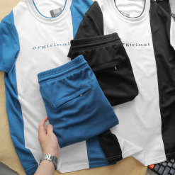 Set Bộ Nam Quần Short Thun Áo Cổ Tròn Sọc Dọc In Chữ Orgirinal - SBN085