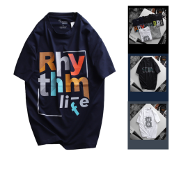 Áo Thun Nam Cổ Tròn Rurumen Màu Xanh Đen In Chữ RhyThm Life Big Size - AB451