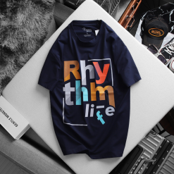 Áo Thun Nam Cổ Tròn Rurumen Màu Xanh Đen In Chữ RhyThm Life Big Size - AB451