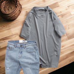 Set Bộ Nam Quần Short Jeans Phối Áo Thun Cotton Cổ Tròn In Chữ - SBN086