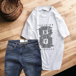 Set Bộ Nam Quần Short Jeans Phối Áo Thun Cotton Cổ Tròn In Chữ - SBN086