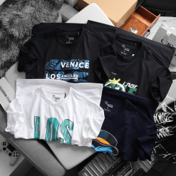 Áo Thun Nam Cổ Tròn Rurumen Màu Trắng In Chứ Los Angeles Big Size - AB457