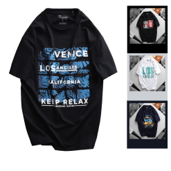 Áo Thun Nam Cổ Tròn Rurumen Màu Xanh Đen In Chữ Venice Los Angeles Big Size - AB459