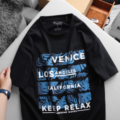 Áo Thun Nam Cổ Tròn Rurumen Màu Xanh Đen In Chữ Venice Los Angeles Big Size - AB459