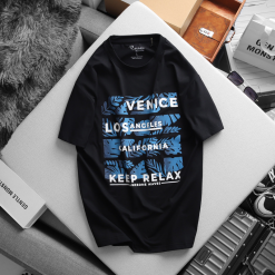 Áo Thun Nam Cổ Tròn Rurumen Màu Xanh Đen In Chữ Venice Los Angeles Big Size - AB459