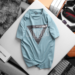 Áo Thun Nam Cổ Tròn Rurumen Màu Xanh In Chữ LONDON Big Size - AB466