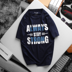 Áo Thun Nam Cổ Tròn Rurumen Màu Xanh Đen In Chữ Always Strong Big Size - AB469