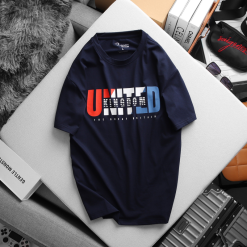 Áo Thun Nam Cổ Tròn Rurumen Màu Xanh Đen In Chữ UNITED Big Size - AB470