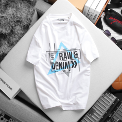 Áo Thun Nam Cổ Tròn Rurumen Màu Trắng In Chữ RAW DENIM Big Size - AB473