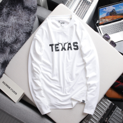 Áo Thun Nam Tay Dài Cổ Tròn Rurumen Màu Trắng In Chữ TEXAS Big Size