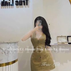 Đầm kaki nâu cổ yếm hở lưng - VD6352