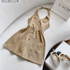 Đầm kaki nâu cổ yếm hở lưng - VD6352